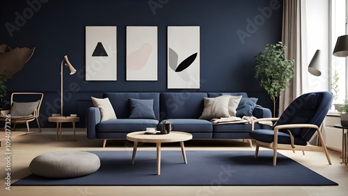 A recliner chair and a dark blue sofa in a Scandinavian apartment. The modern living room's interior design. made using generative
