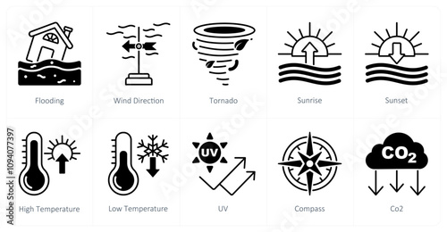 A set of 10 weather icons as flooding, wind direction, tornado