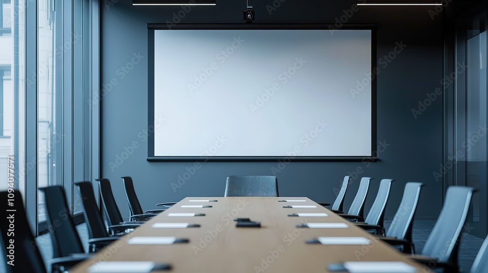 A large conference room with a white board and a row of chairs A large conference room with a white board and a row of chairs