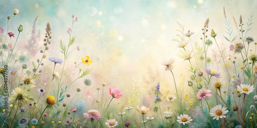 A Serene Meadow of Wildflowers in Soft Pastel Hues, a Dreamy Summer Landscape of Delicate Blooms and Grass A Serene Meadow of Wildflowers in Soft Pastel Hues, a Dreamy Summer Landscape of Delicate Blooms and Grass