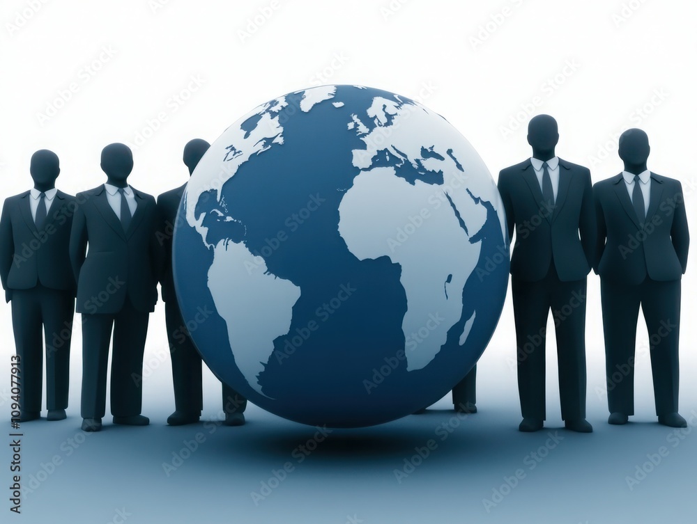 Business professionals standing together with a large globe highlighting the world map, symbolizing global connections, teamwork and international collaboration in the corporate environment. Business professionals standing together with a large globe highlighting the world map, symbolizing global connections, teamwork and international collaboration in the corporate environment.