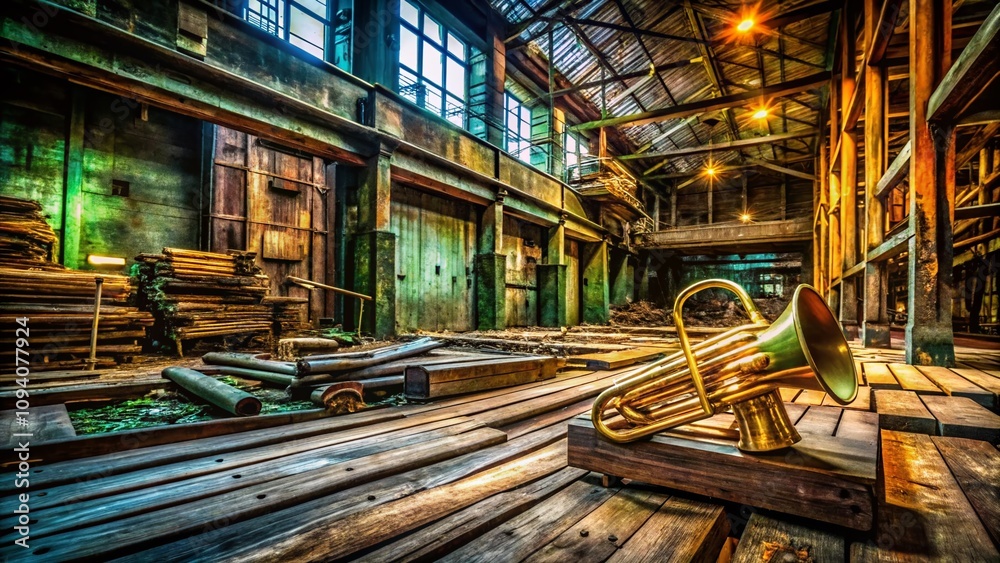 Fototapeta premium Urban Exploration of Abandoned Spaces with Timber and Brass Elements, Capturing the Beauty of Decay and the Charm of Industrial Design in Stunning Detail for Stock Photography