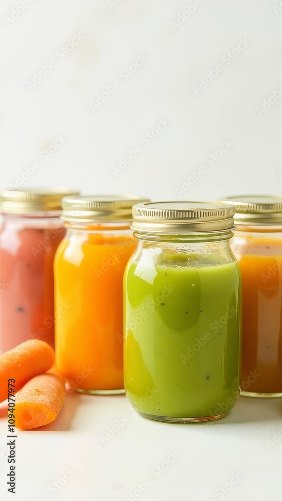Jars of fruit juice sit on a table next to a potted plant Jars of fruit juice sit on a table next to a potted plant