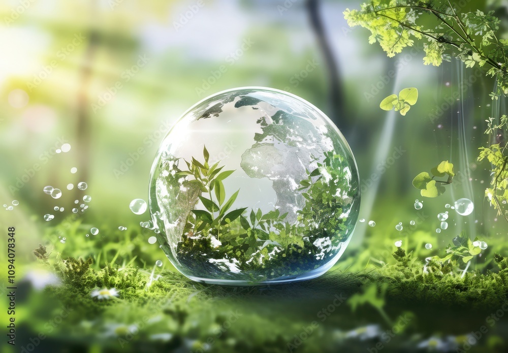 Surreal Representation of Earth Enclosed in a Transparent Bubble Surrounded by Lush Greenery and Delicate Butterflies with Sunlight Streaming Through Trees Surreal Representation of Earth Enclosed in a Transparent Bubble Surrounded by Lush Greenery and Delicate Butterflies with Sunlight Streaming Through Trees