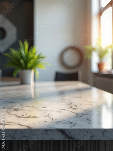 White marble countertop with a potted plant