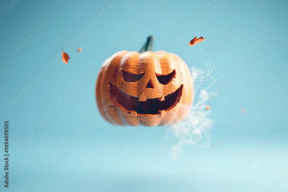 Fototapeta premium A pumpkin with a scary face is floating in the air
