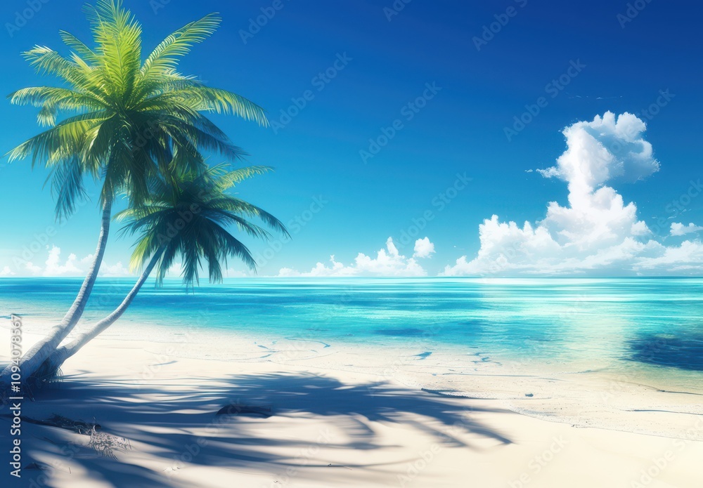 Tranquil Tropical Beach Scene with Palm Trees and Clear Blue Sky Reflecting Serenity and Peaceful Nature in a Sunlit Landscape