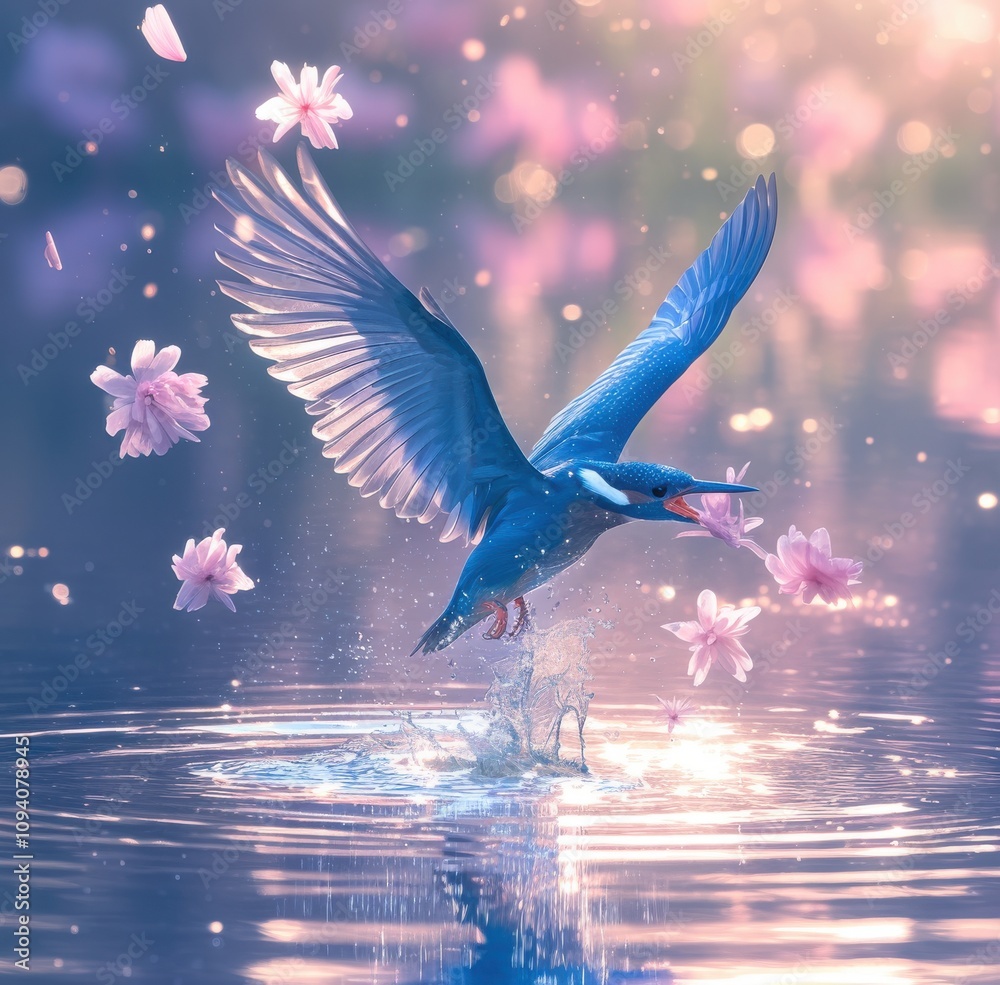 Fototapeta premium Vibrant Kingfisher in Flight Amidst Blossoms Over a Serene Water Surface Reflecting Lush Colors in a Dreamlike Nature Scene Captivating Light and Textures
