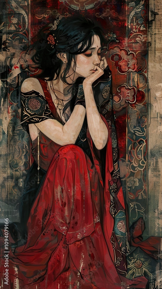 Pensive Woman in Red Dress with Ornate Background - Digital Painting Pensive Woman in Red Dress with Ornate Background - Digital Painting