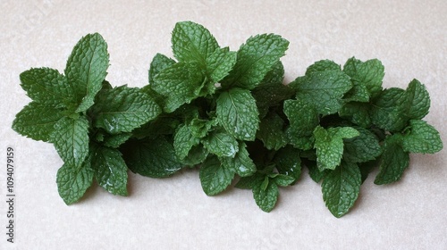 Fresh Green Mint Sprigs Arranged on a Neutral Background photo