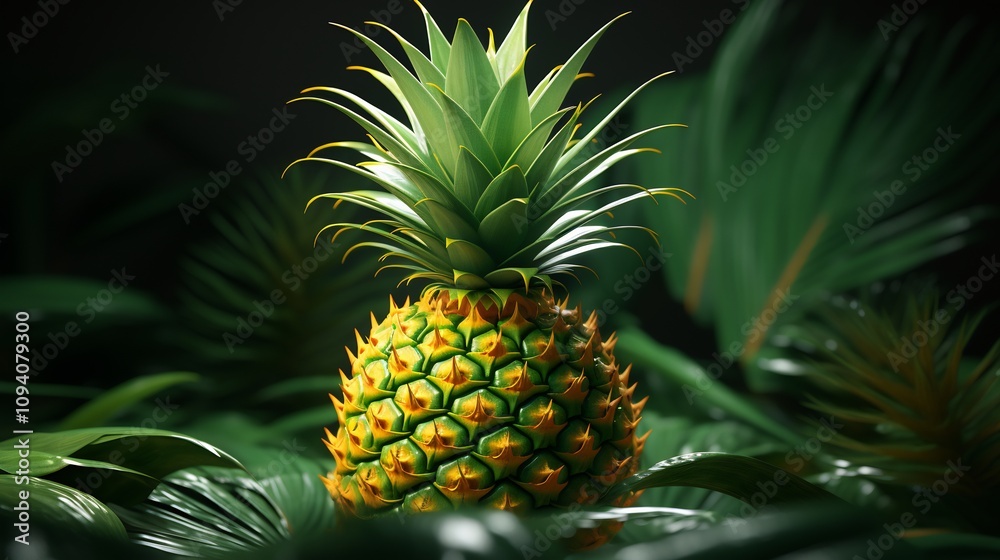 A Detailed 3D Visualization of a Lush Vibrant Pineapple with Intricate Spiky Foliage A Detailed 3D Visualization of a Lush Vibrant Pineapple with Intricate Spiky Foliage