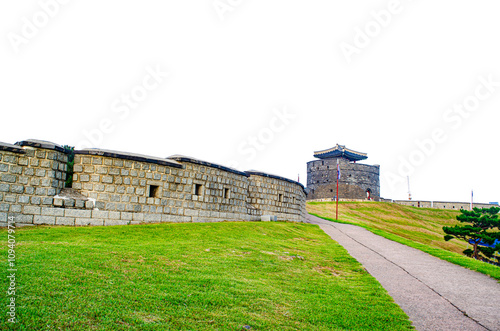 Suwon Hwaseong Fortress is a fortress wall during the Joseon Dynasty isolate on white background with clipping path. photo