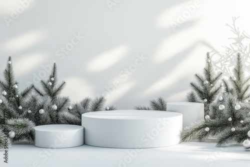 Minimalist Winter Christmas Scene with Podiums and Decorated Trees