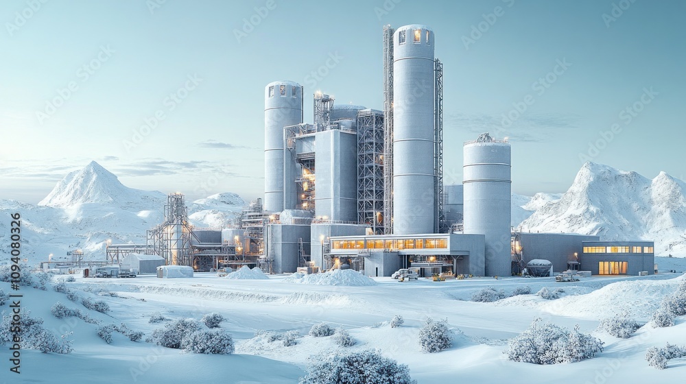 Obraz premium Industrial Complex in Snowy Mountains