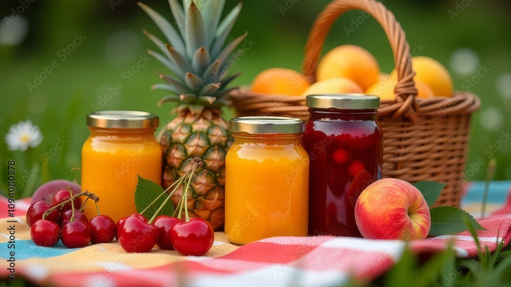 A basket of fruit and jars of fruit preserves are on a checkered blanket A basket of fruit and jars of fruit preserves are on a checkered blanket