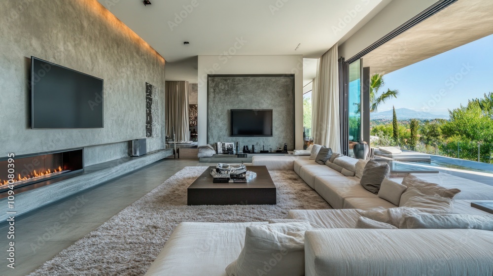 Fototapeta premium Illustration of spacious villa interior with cement wall effect. Ai generated image