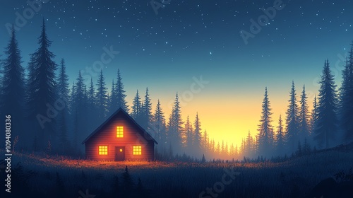 A serene cabin in the woods at twilight, surrounded by tall trees and a starlit sky.