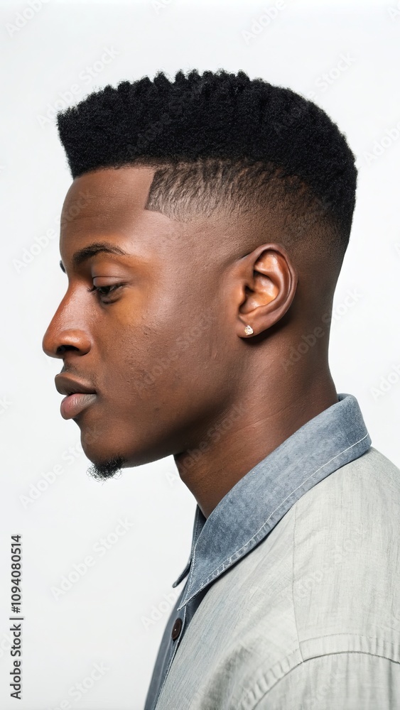 Obraz premium Trendy afro fade hairstyle on young man in stylish outfit