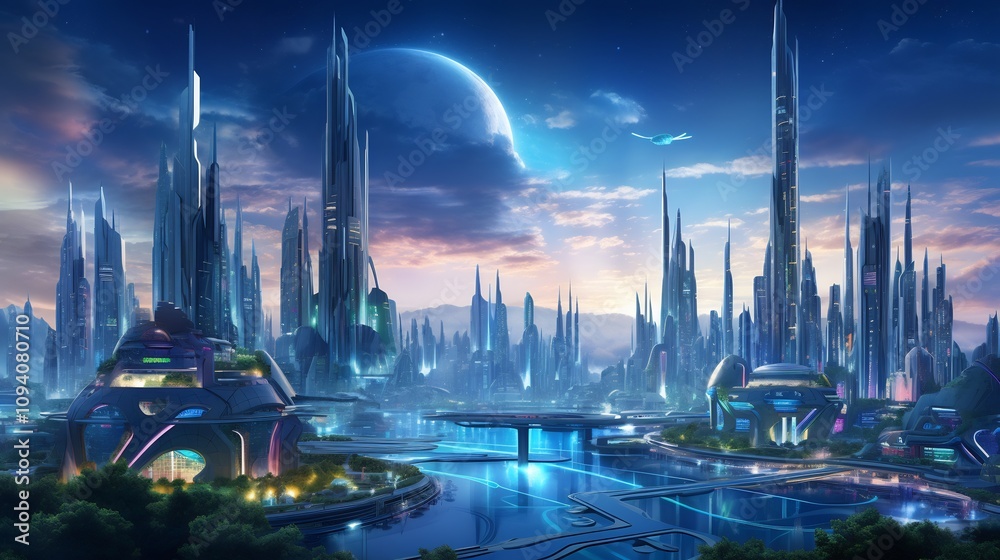 Futuristic City Skyline with Glowing Holographic Towers and Neon Lights