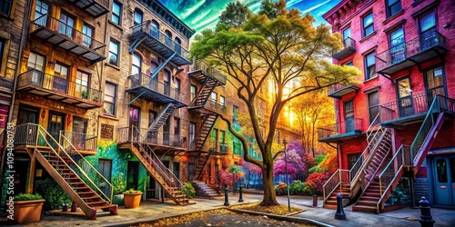 Wallpaper Mural Urban Exploration Photography Featuring Stylized Tree Illustrations Against a Gritty Urban Backdrop with a Blend of Nature and City Elements for Creative Imagery Torontodigital.ca