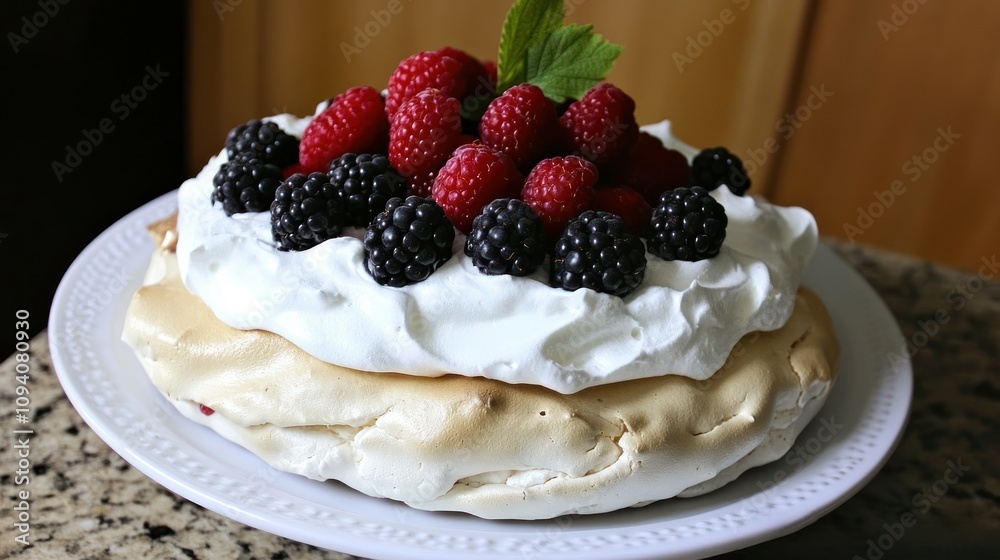 Delicious Pavlova Topped With Raspberries And Blackberries Delicious Pavlova Topped With Raspberries And Blackberries