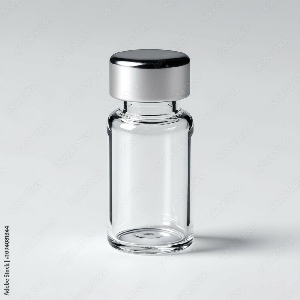 glass vial with a silver metallic cap, isolated on a white background. The design is clean and minimalistic, ideal for pharmaceutical, cosmetic, or medical product presentations.