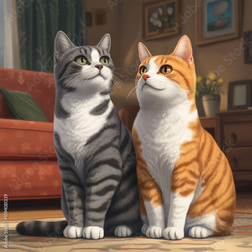 A Realistic Scene of a Male and Female Cat Sitting Together