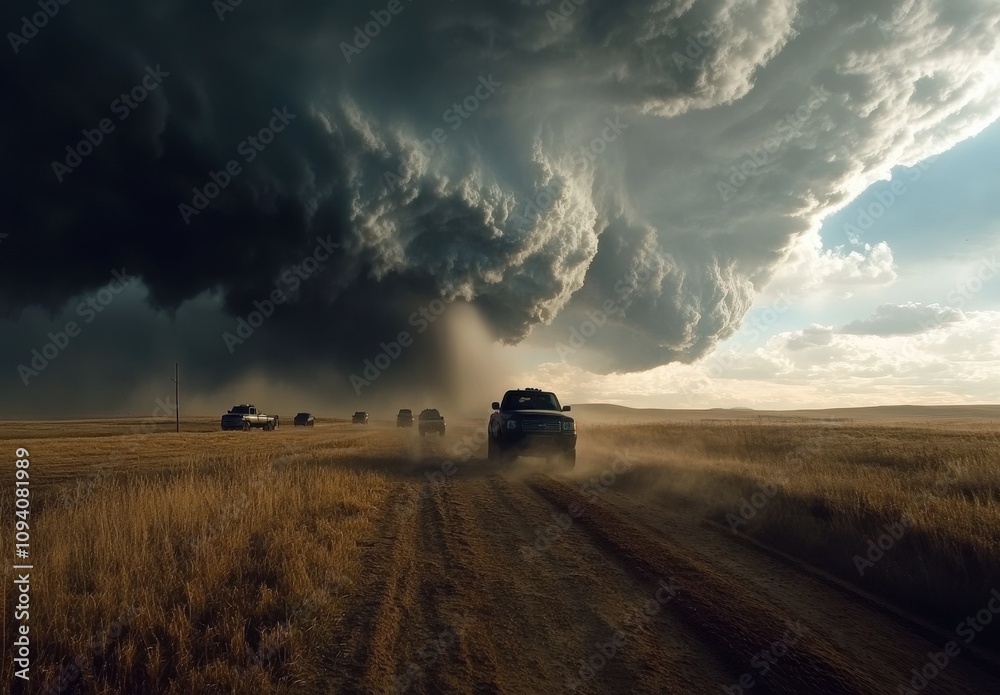 Fototapeta premium Dark Storm Clouds Rolling Over Open Landscape with Trucks Driving Through Dusty Road Under Dramatic Sky in Rural Setting