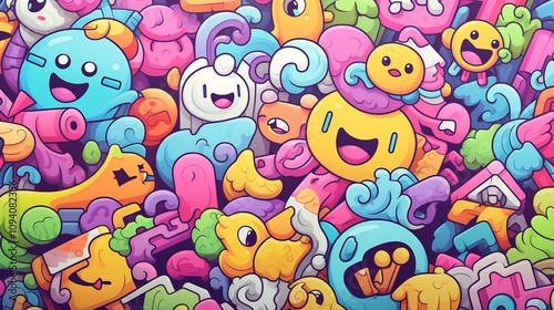 Colorful 3D Cartoon Doodle Pattern with Playful Adorable Characters
