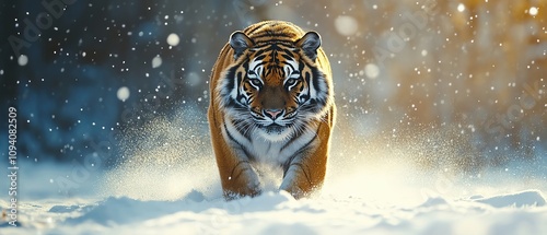 Fierce Siberian tiger trudging through snowy taiga