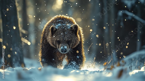 Fierce wolverine trudging through snowy forest