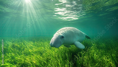 Gentle dugong grazing on seagrass meadow