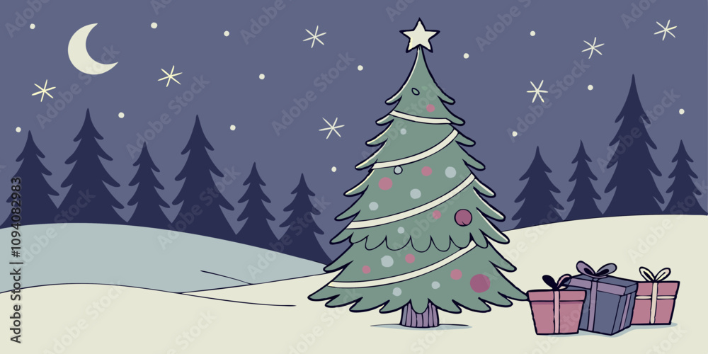 Christmas Tree And Gift Boxes On Snow In Night With Shiny Star and Forest - Winter Abstract Landscape
Christmas Tree And Gift Boxes On Snow In Night With Shiny Star and Forest - Winter Abstract Landscape