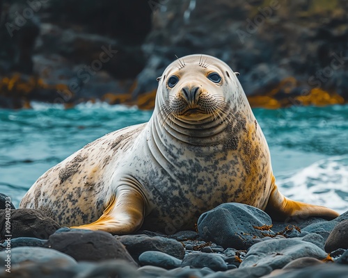 Massive elephant seal lounging on rocky shore