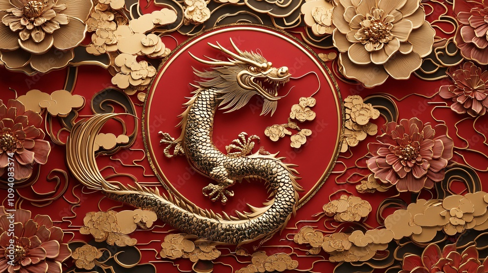 21.A vibrant Chinese New Year 2025 poster featuring a bold dragon silhouette icon in the center, surrounded by elegant 3D flowers and intricate Asian cloud motifs. The deep red background provides a 21.A vibrant Chinese New Year 2025 poster featuring a bold dragon silhouette icon in the center, surrounded by elegant 3D flowers and intricate Asian cloud motifs. The deep red background provides a