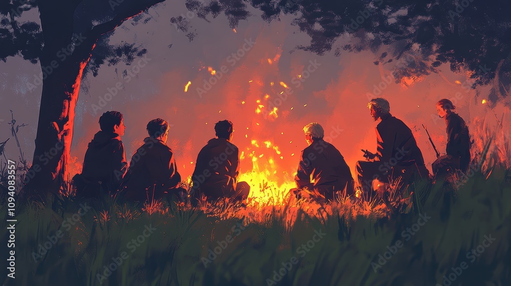 Fototapeta premium Campfire Gathering Friends Enjoying Night Bonfire Under Tree