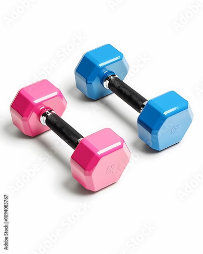 Colorful dumbbells in pink and blue, designed for lightweight strength training, ideal for home workouts and fitness enthusiasts. photo