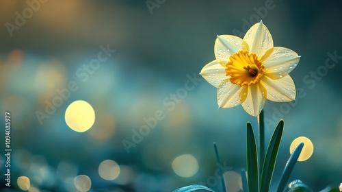 Daffodil flower in full bloom, glowing against a blurred, ethereal spring background.