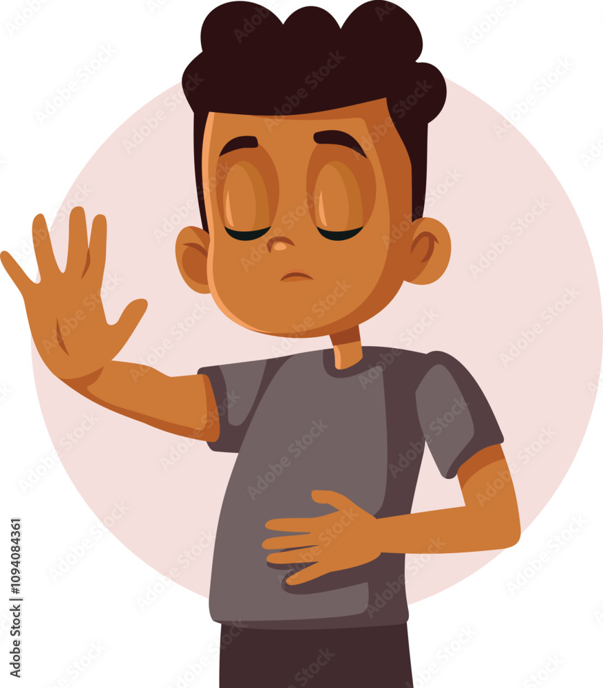 Little Boy Suffering from a Bellyache Saying Stop Vector. Child complaining about stomach pains from hunger
Little Boy Suffering from a Bellyache Saying Stop Vector. Child complaining about stomach pains from hunger