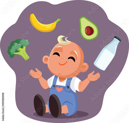 Happy Baby Surrounded by Healthy Food Vector Cartoon Character. Kid diversifying his diet with age including vegetables and fruits 
