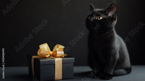 A cute black cat wearing a large gold bow, against a dark background. Ideal for Black Friday or holiday promotions.