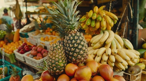 Tropical Fruits: Mangoes, pineapples, and papayas-flavorful fruits bursting with juice and a perfect balance of sweetness and tang, embodying tropical tastes. 