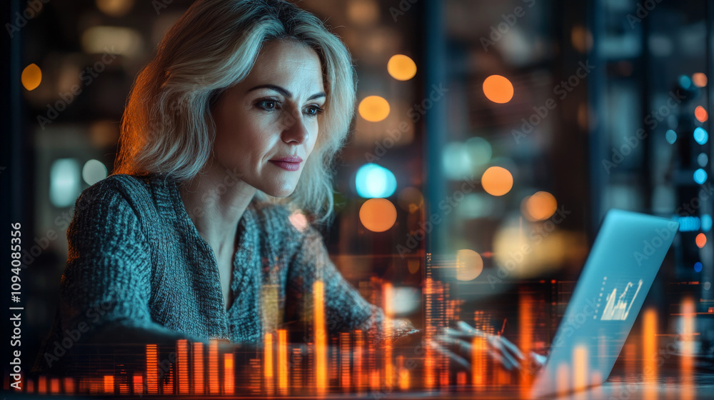 Mature businesswoman looking at a laptop computer screen analyzing sales charts data , caucasian woman in finance working on KPI reports analysis Mature businesswoman looking at a laptop computer screen analyzing sales charts data , caucasian woman in finance working on KPI reports analysis