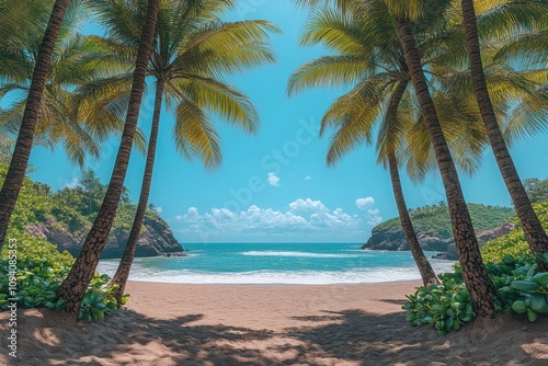 Fototapeta Naklejka Na Ścianę i Meble -  Tropical beach with tall palm trees framing a turquoise ocean and a bright sky, creating a serene and vibrant paradise ideal for travel and vacation designs.

