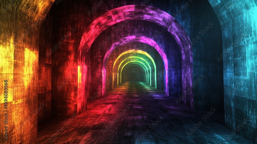 Obraz premium A vibrant, illuminated tunnel with colorful arches leading into darkness.