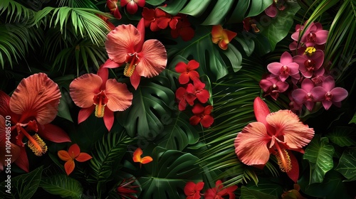 Tropical Flora: Rich in color, tropical flora features hibiscus, orchids, and bougainvillea, flourishing in the humid, warm climate of tropical environments. 