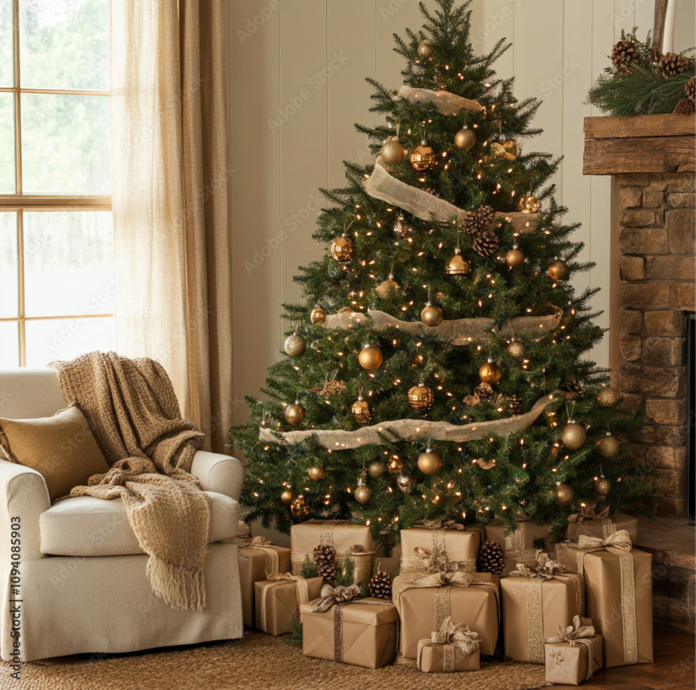 Obraz premium beautifully decorated Christmas tree stands tall, adorned with bronze and gold ornaments, burlap ribbon, pinecones nestled among its branches, presents wrapped in kraft paper, twine, muted brow ribbon