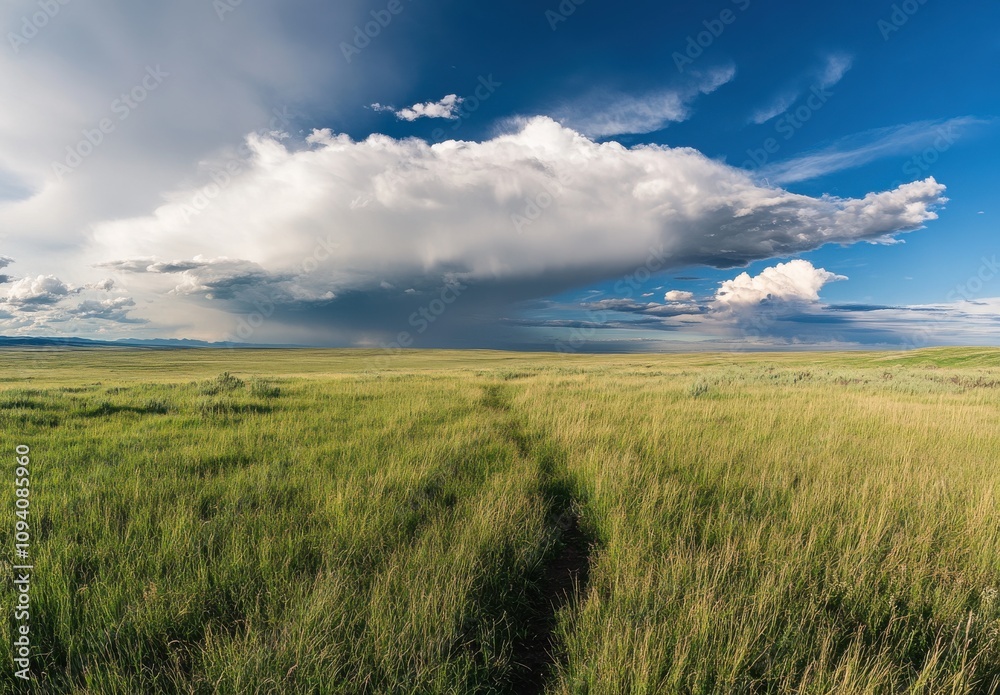 Expansive Green Grassland Under a Dramatic Sky with Cloud Formation, Scenic Landscape Capturing Nature's Beauty during Changeable Weather Conditions Expansive Green Grassland Under a Dramatic Sky with Cloud Formation, Scenic Landscape Capturing Nature's Beauty during Changeable Weather Conditions