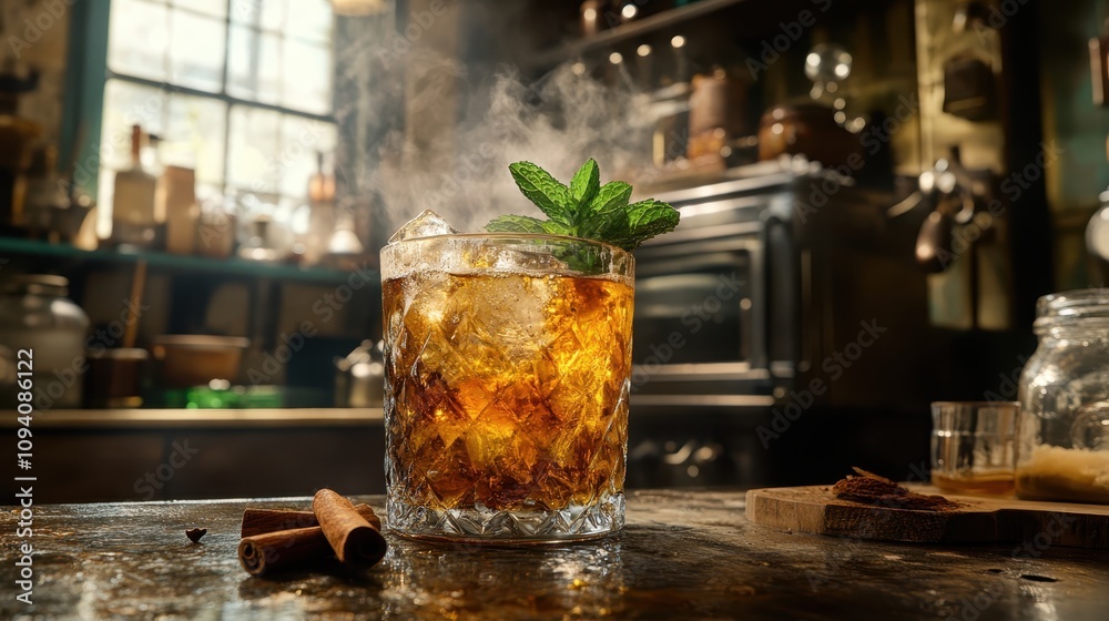 Iced Spiced Cocktail Drink in Rustic Bar Setting Iced Spiced Cocktail Drink in Rustic Bar Setting