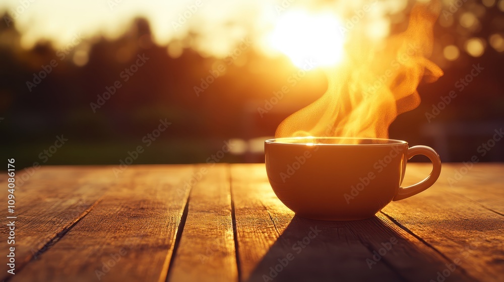 Warm Drink at Sunrise Peaceful Morning Coffee on Wooden Table